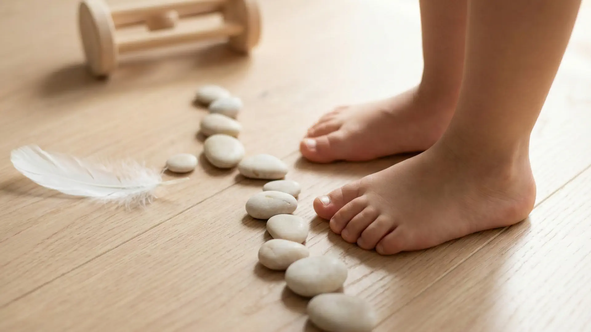 Stopy dziecka na podłodze obok zabawek, symbolizujące fundament rozwoju mowy.